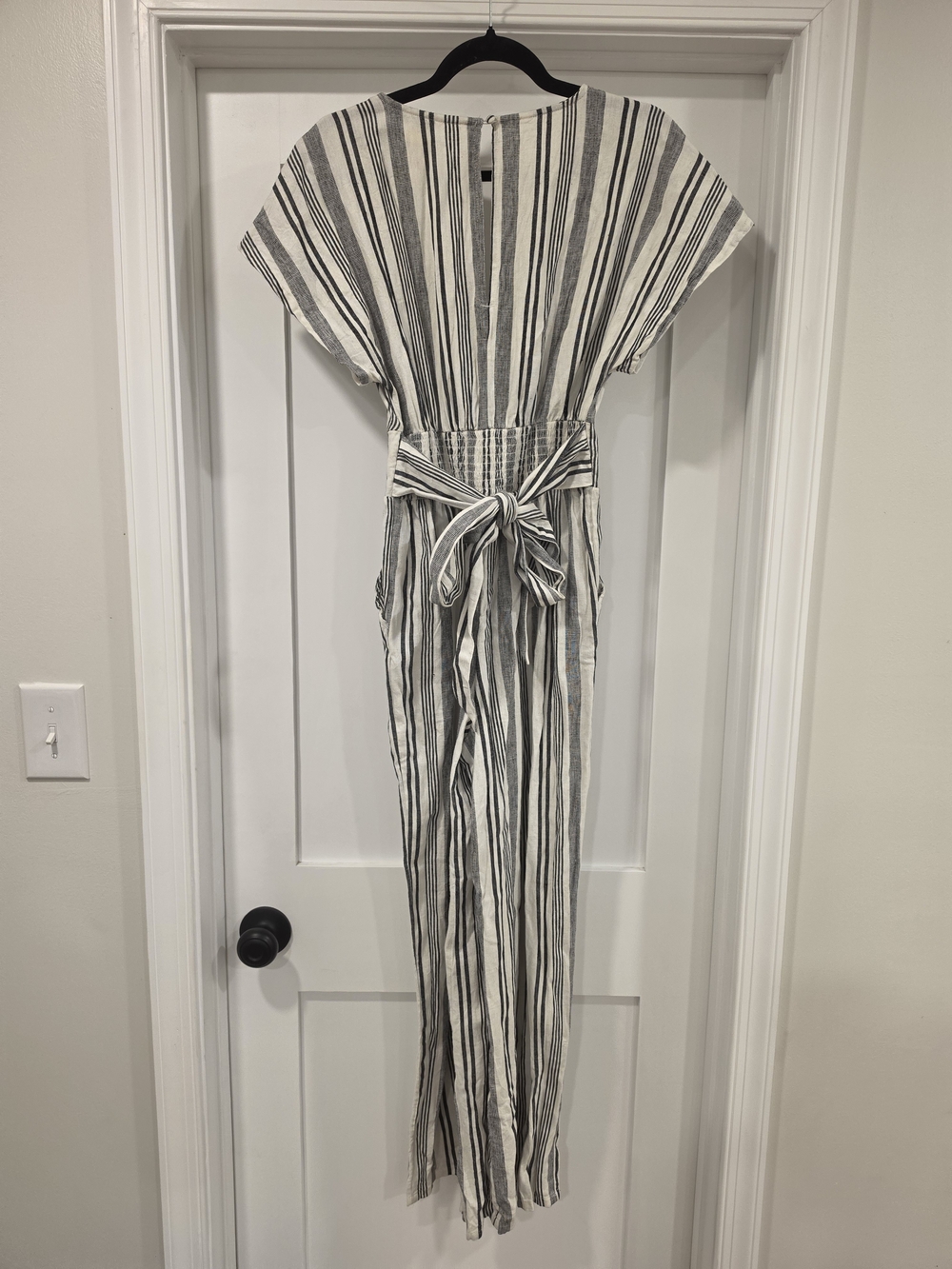 American Eagle Outfitters Black and White Vertical-Stripe Tie-Waist Jumpsuit